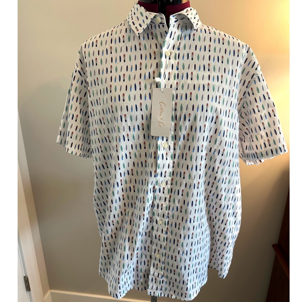 Cotton & Co Mens XL Short Sleeve Button Down Shirt White Surfboard Print NWT